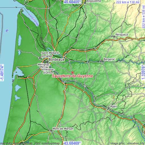 Topographic map of Sauveterre-de-Guyenne