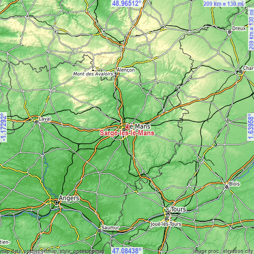 Topographic map of Sargé-lès-le-Mans