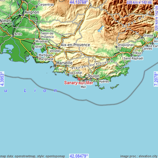 Topographic map of Sanary-sur-Mer