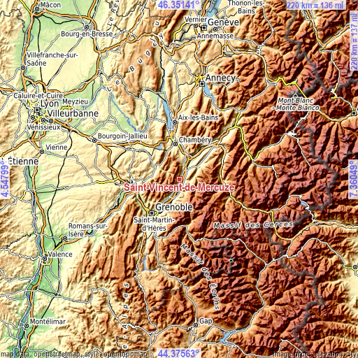 Topographic map of Saint-Vincent-de-Mercuze