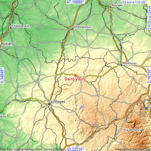 Topographic map of Saint-Vaury