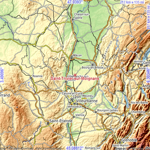 Topographic map of Saint-Trivier-sur-Moignans