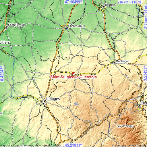 Topographic map of Saint-Sulpice-le-Guérétois