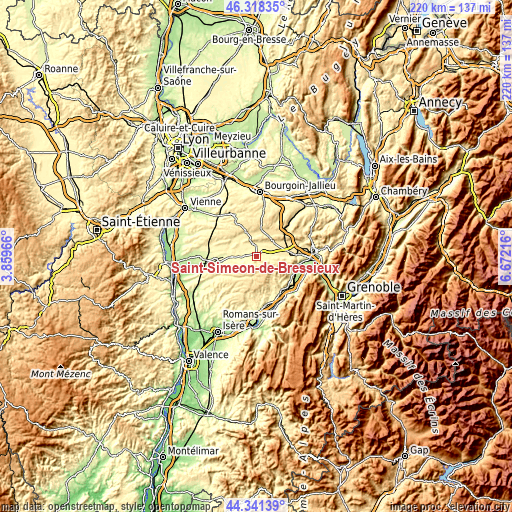 Topographic map of Saint-Siméon-de-Bressieux