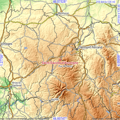 Topographic map of Saint-Sauves-d'Auvergne