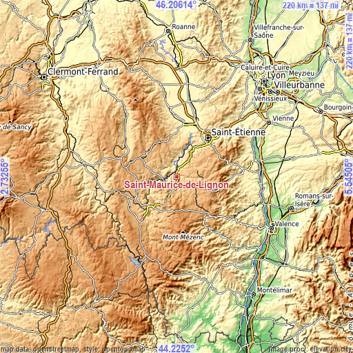 Topographic map of Saint-Maurice-de-Lignon