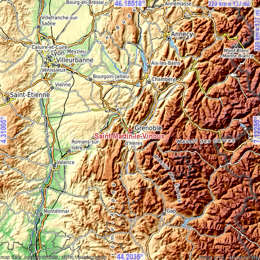 Topographic map of Saint-Martin-le-Vinoux