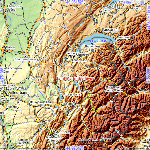 Topographic map of Saint-Martin-Bellevue