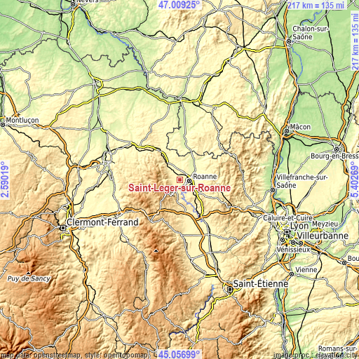 Topographic map of Saint-Léger-sur-Roanne