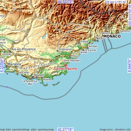 Topographic map of Sainte-Maxime