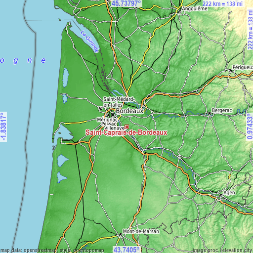 Topographic map of Saint-Caprais-de-Bordeaux