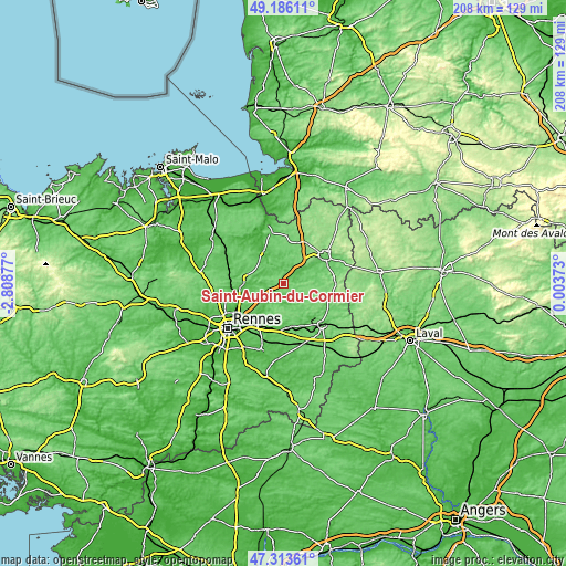 Topographic map of Saint-Aubin-du-Cormier