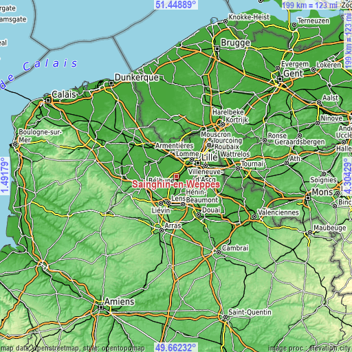 Topographic map of Sainghin-en-Weppes