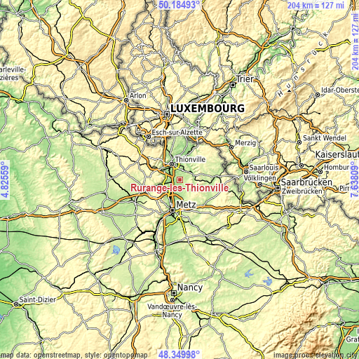 Topographic map of Rurange-lès-Thionville