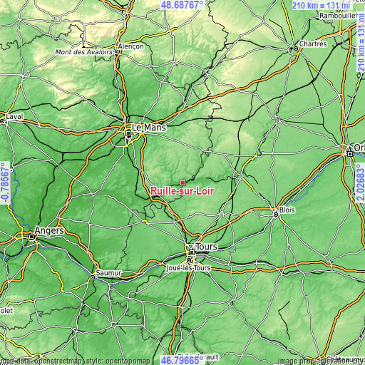 Topographic map of Ruillé-sur-Loir