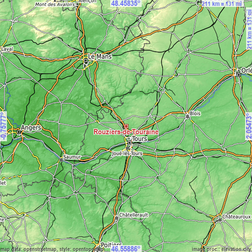 Topographic map of Rouziers-de-Touraine