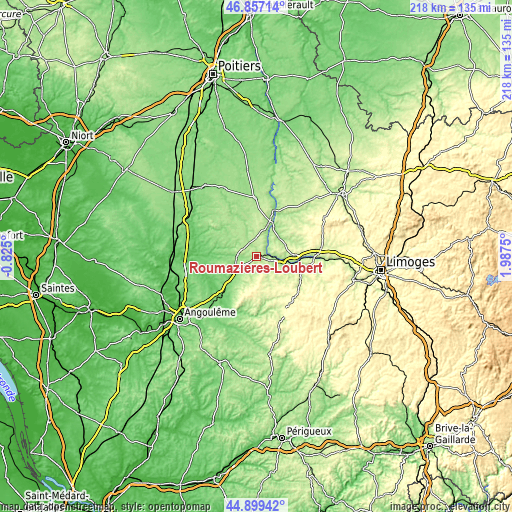 Topographic map of Roumazières-Loubert