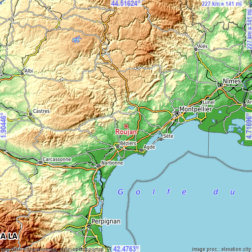 Topographic map of Roujan