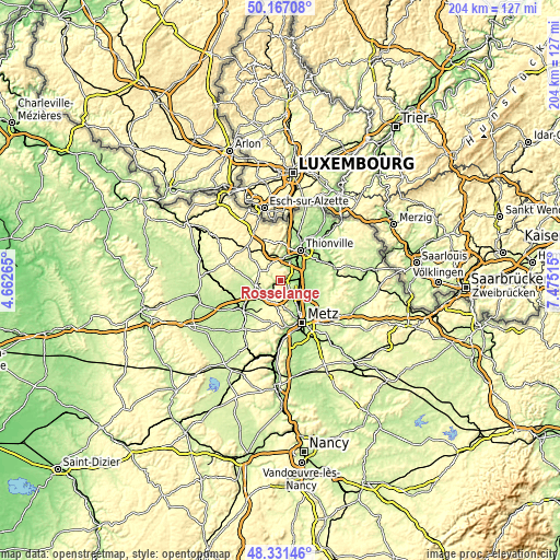 Topographic map of Rosselange