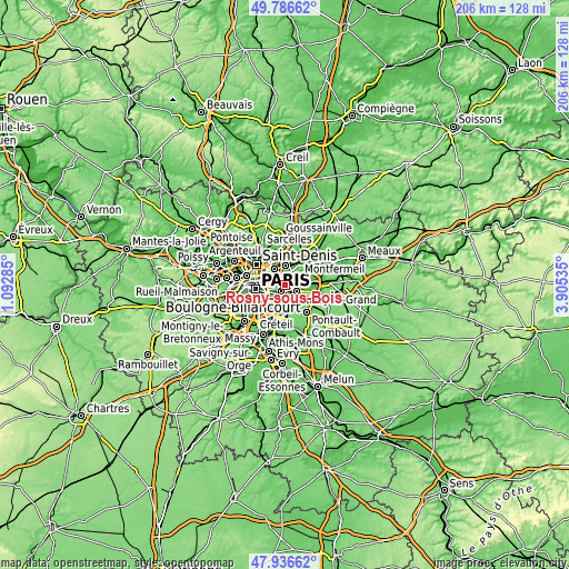 Topographic map of Rosny-sous-Bois