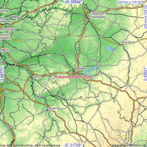 Topographic map of Rosières-près-Troyes