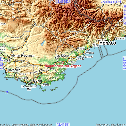 Topographic map of Roquebrune-sur-Argens