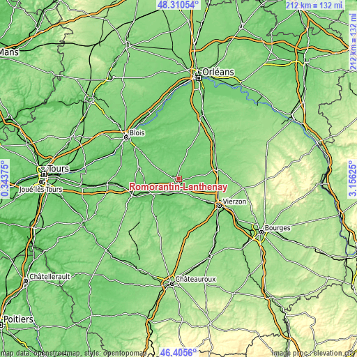 Topographic map of Romorantin-Lanthenay