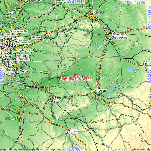 Topographic map of Romilly-sur-Seine