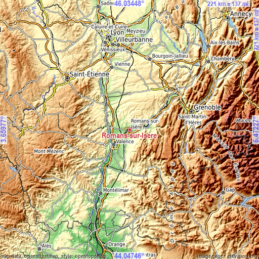 Topographic map of Romans-sur-Isère