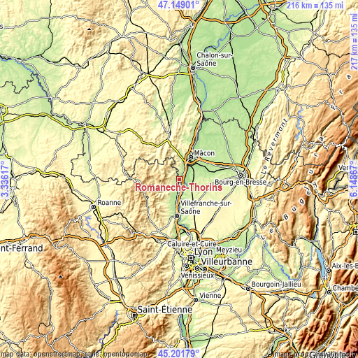 Topographic map of Romanèche-Thorins