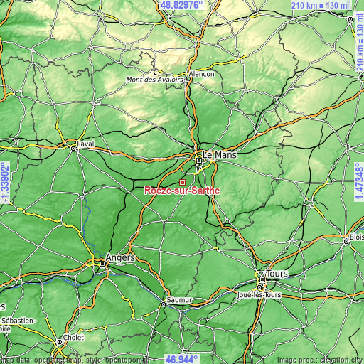 Topographic map of Roézé-sur-Sarthe