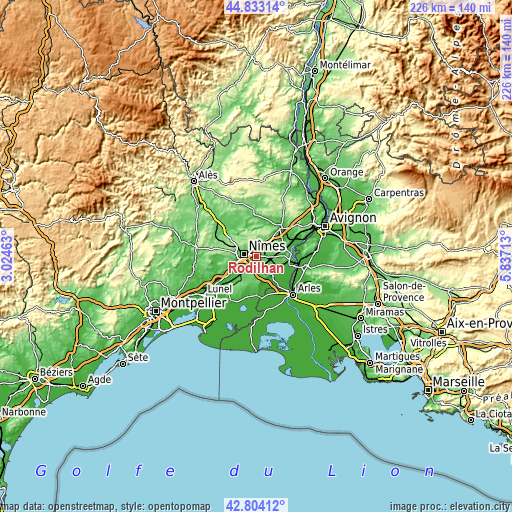 Topographic map of Rodilhan