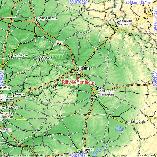 Topographic map of Rilly-la-Montagne