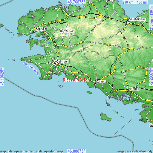 Topographic map of Riec-sur-Belon