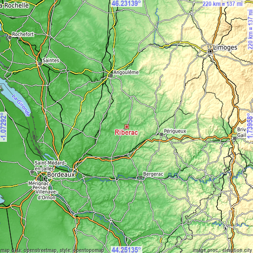 Topographic map of Ribérac