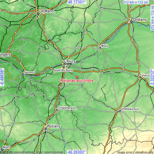 Topographic map of Reignac-sur-Indre