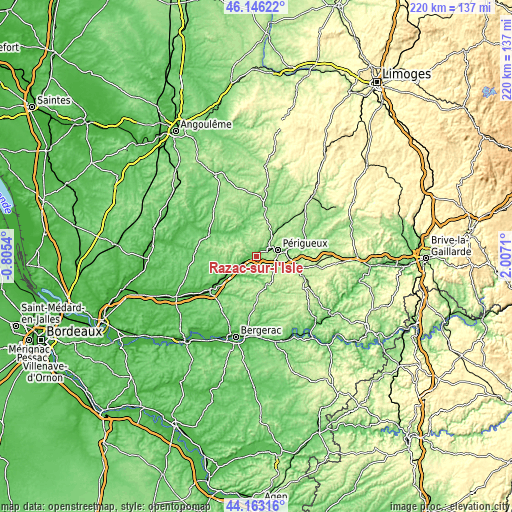 Topographic map of Razac-sur-l’Isle