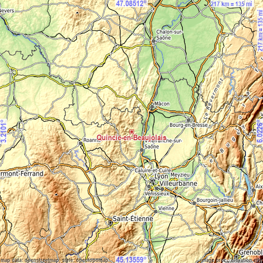 Topographic map of Quincié-en-Beaujolais