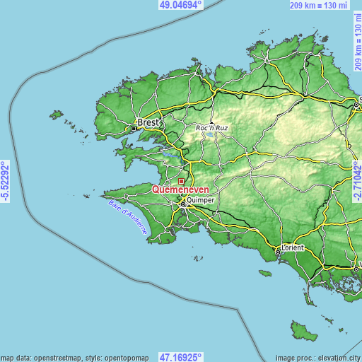 Topographic map of Quéménéven