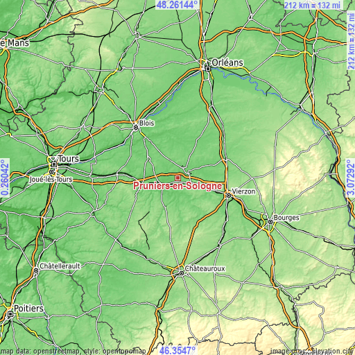 Topographic map of Pruniers-en-Sologne