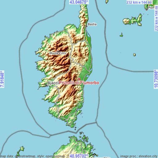 Topographic map of Prunelli-di-Fiumorbo