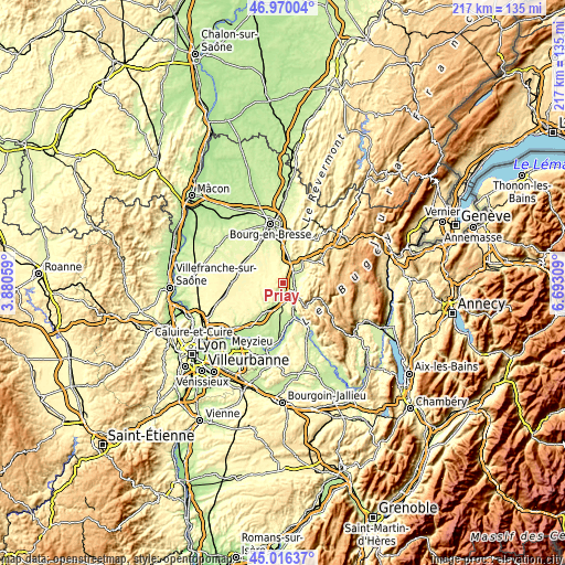 Topographic map of Priay