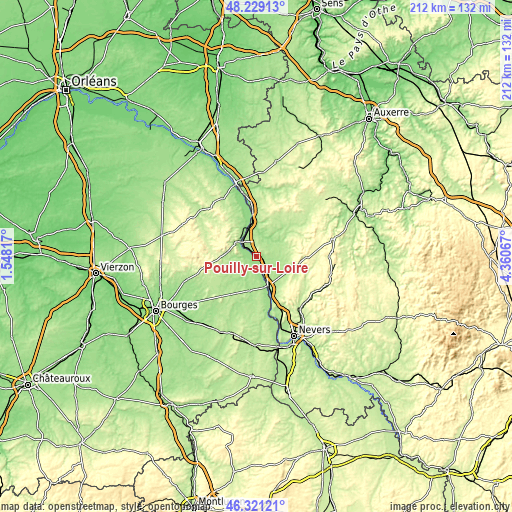 Topographic map of Pouilly-sur-Loire