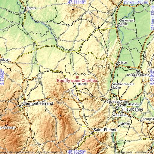 Topographic map of Pouilly-sous-Charlieu