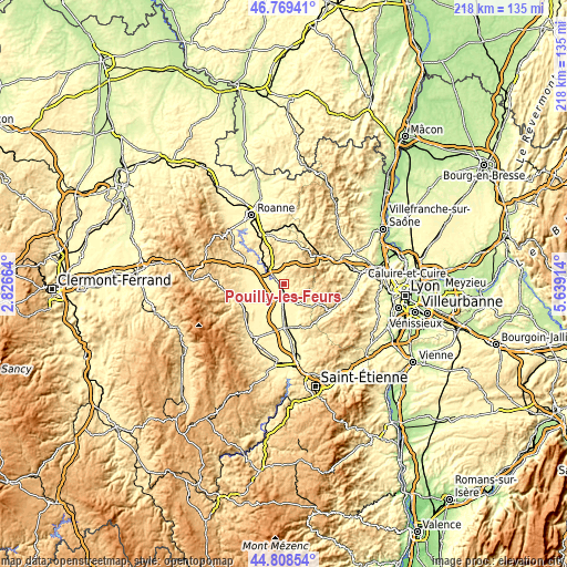 Topographic map of Pouilly-lès-Feurs