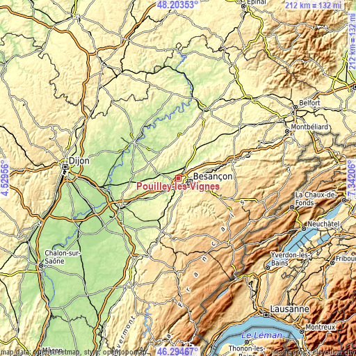 Topographic map of Pouilley-les-Vignes