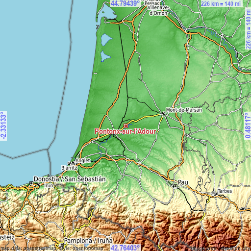 Topographic map of Pontonx-sur-l'Adour