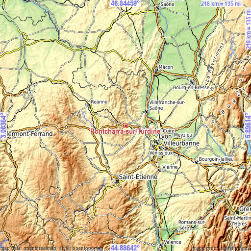 Topographic map of Pontcharra-sur-Turdine