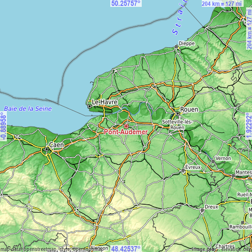 Topographic map of Pont-Audemer