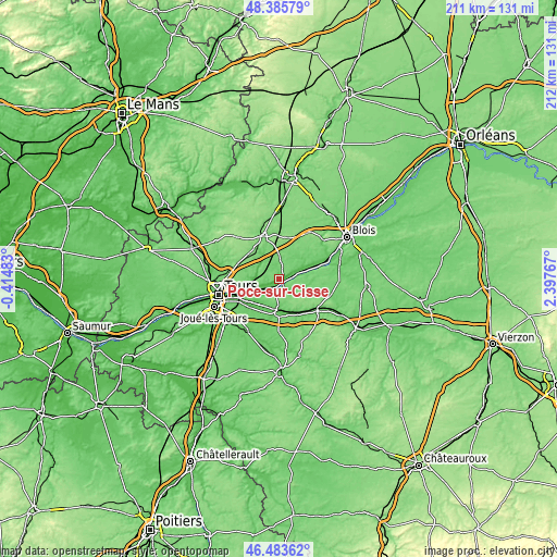 Topographic map of Pocé-sur-Cisse